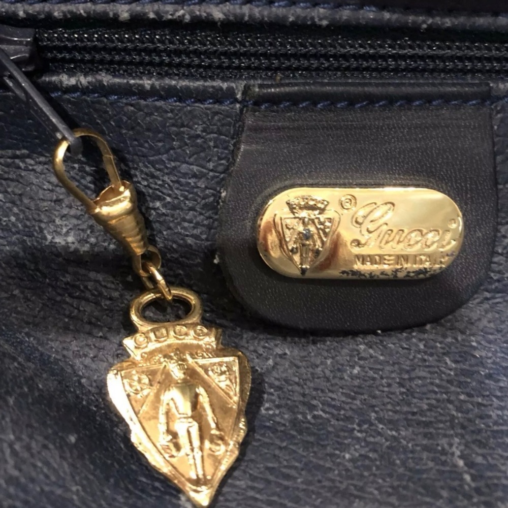 Vintage GUCCI Navy Blue Leather GG Satchel Tote - Picture 16 of 16